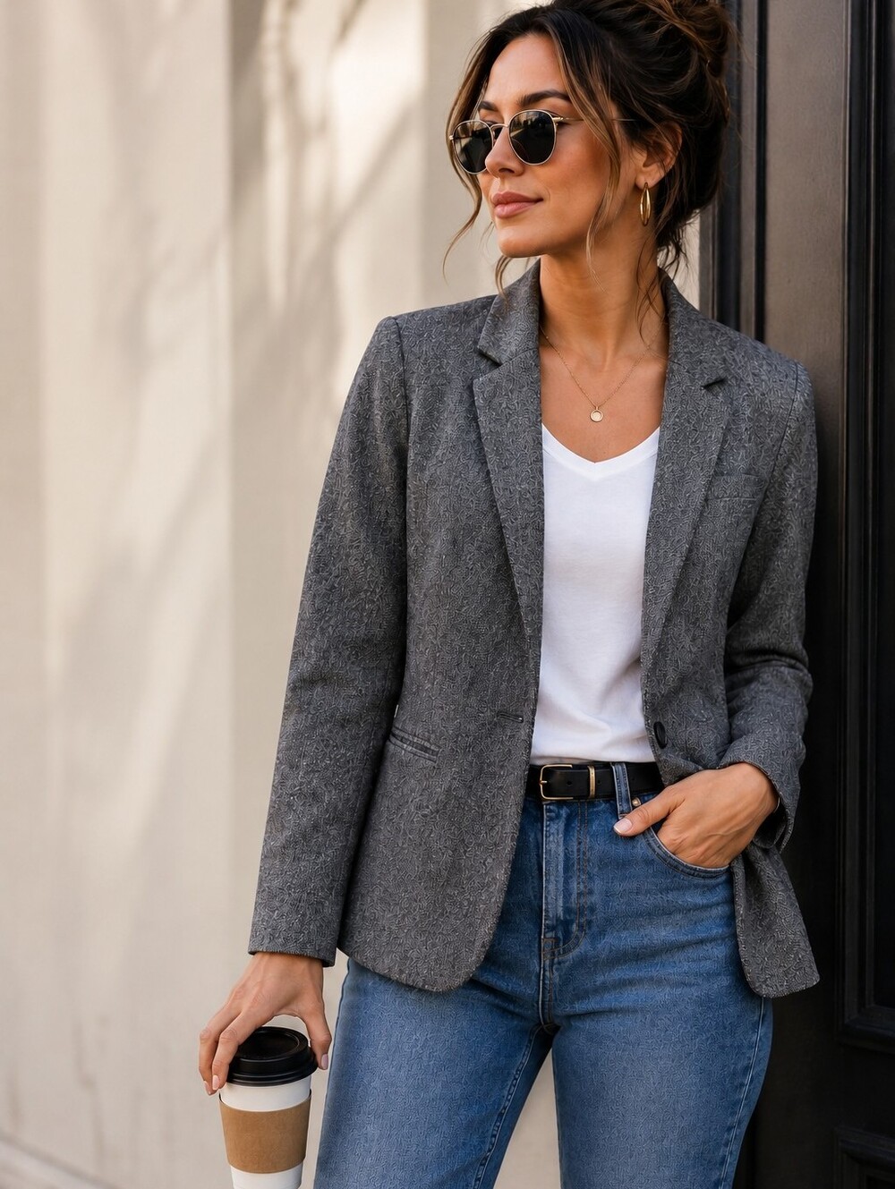LOFT Charcoal Gray Textured Single-Button Blazer
